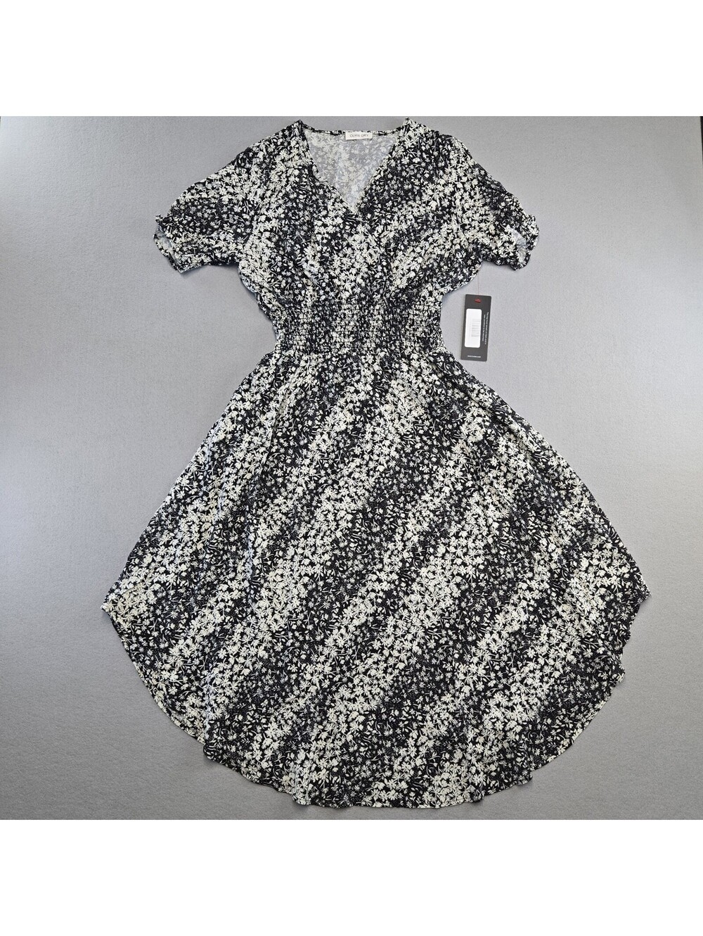 Olivia Grey Floral Midi Dress Womens L Black White Short Sleeve V Neck Rayon NWT